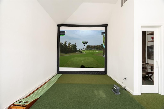 rec room featuring carpet floors, golf simulator, baseboards, and visible vents