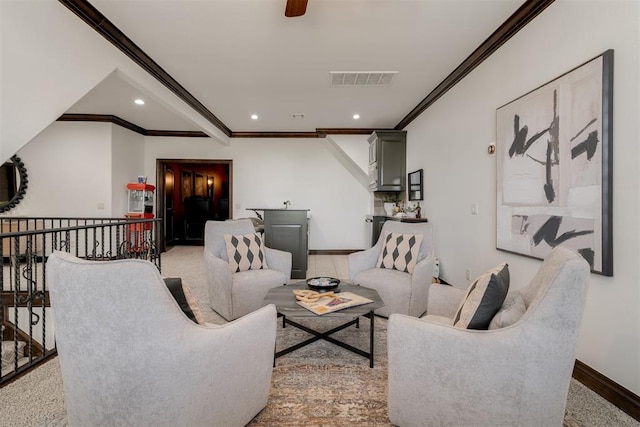 4301 Frisco Bridge Blvd, Edmond, OK 73034 - living area with crown molding, recessed lighting, baseboards, and ceiling fan