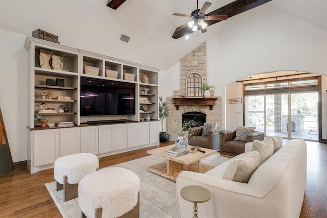 4301 Frisco Bridge Blvd, Edmond, OK 73034 - living area featuring high vaulted ceiling, wood finished floors, ceiling fan, beam ceiling, and a fireplace