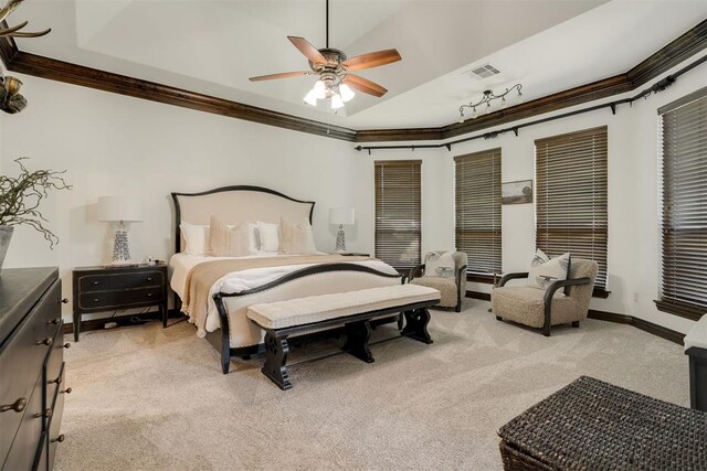 4301 Frisco Bridge Blvd, Edmond, OK 73034 - bedroom featuring light colored carpet, crown molding, lofted ceiling, and a ceiling fan