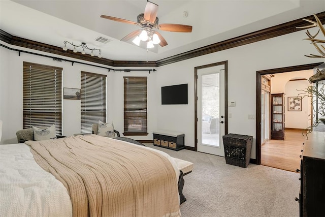 4301 Frisco Bridge Blvd, Edmond, OK 73034 - bedroom with crown molding, light carpet, access to outside, a ceiling fan, and baseboards