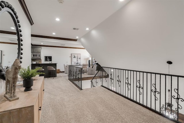 4301 Frisco Bridge Blvd, Edmond, OK 73034 - carpeted living area featuring recessed lighting and crown molding