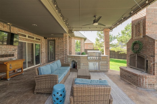 4301 Frisco Bridge Blvd, Edmond, OK 73034 - view of patio / terrace featuring an outdoor living space with a fireplace and ceiling fan