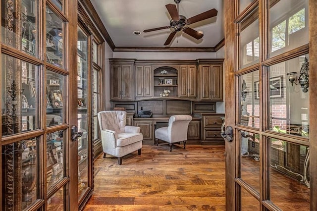 4400 The Ranch Rd, Edmond, OK 73034 - office featuring wood finished floors, ceiling fan, french doors, and crown molding
