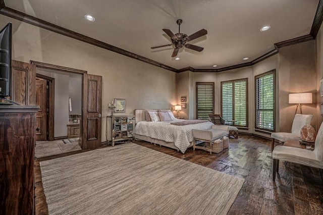 4400 The Ranch Rd, Edmond, OK 73034 - bedroom featuring recessed lighting, wood finished floors, a ceiling fan, and crown molding