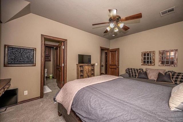 4400 The Ranch Rd, Edmond, OK 73034 - bedroom featuring ceiling fan, visible vents, ensuite bathroom, baseboards, and carpet