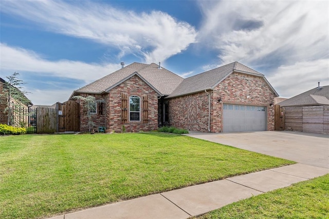 212 SW 144th, Oklahoma City, OK 73170 - view of front of property with brick siding, an attached garage, a gate, roof with shingles, and driveway