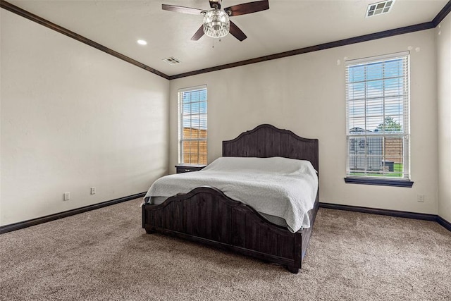212 SW 144th, Oklahoma City, OK 73170 - bedroom with carpet flooring, baseboards, crown molding, a ceiling fan, and recessed lighting