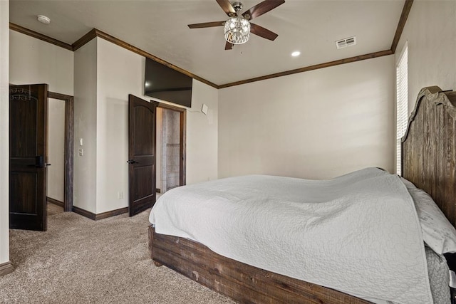 212 SW 144th, Oklahoma City, OK 73170 - bedroom featuring ornamental molding, carpet, baseboards, and ceiling fan