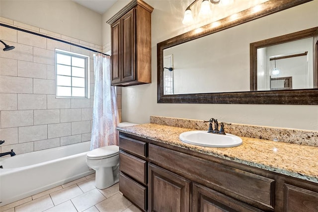 212 SW 144th, Oklahoma City, OK 73170 - full bathroom featuring tile patterned floors, toilet, shower / bathtub combination with curtain, and vanity