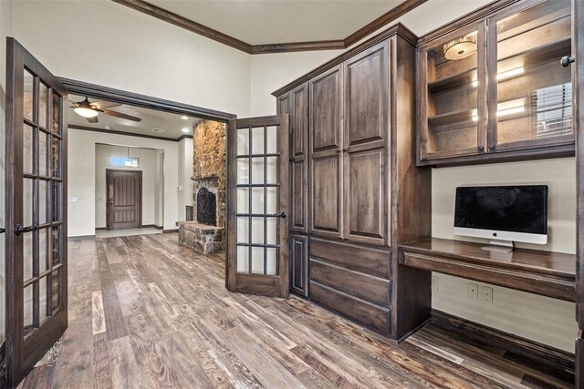 212 SW 144th, Oklahoma City, OK 73170 - unfurnished office featuring ornamental molding, french doors, wood finished floors, and a ceiling fan