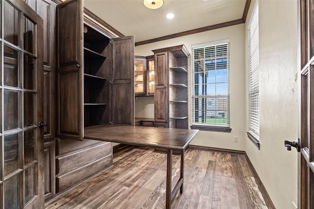 212 SW 144th, Oklahoma City, OK 73170 - unfurnished office with crown molding, dark wood-style flooring, and baseboards