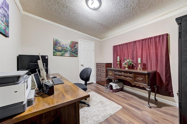 office featuring a textured ceiling, ornamental molding, wood finished floors, and lofted ceiling