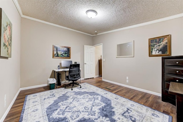 office featuring baseboards, a textured ceiling, and wood finished floors