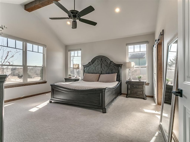 3345 Red Ridge Dr, Blanchard, OK 73010 - bedroom featuring multiple windows, beam ceiling, baseboards, light carpet, and recessed lighting