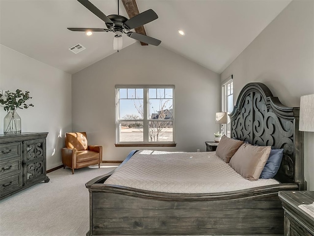 3345 Red Ridge Dr, Blanchard, OK 73010 - bedroom featuring light colored carpet, lofted ceiling, baseboards, ceiling fan, and recessed lighting