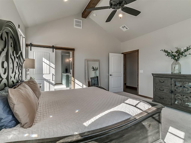 3345 Red Ridge Dr, Blanchard, OK 73010 - bedroom with high vaulted ceiling, a barn door, beam ceiling, carpet, and a ceiling fan