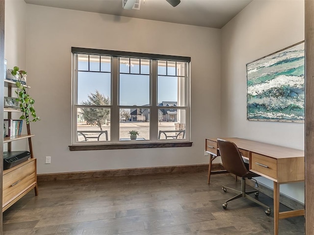 3345 Red Ridge Dr, Blanchard, OK 73010 - office space with dark wood finished floors, baseboards, and a ceiling fan