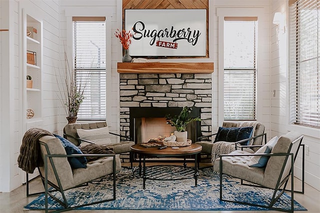 living area with a stone fireplace