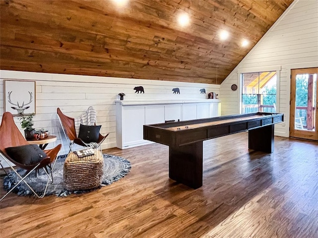 game room with wooden walls, billiards, dark wood-type flooring, vaulted ceiling, and wood ceiling