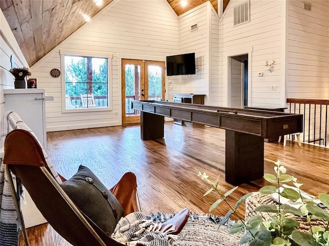 recreation room with visible vents, wood ceiling, wood finished floors, and wooden walls