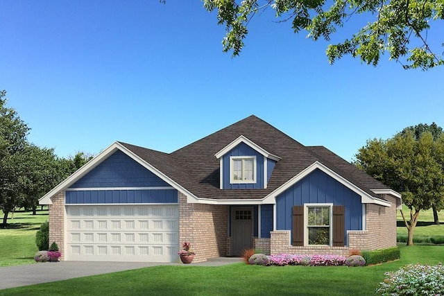 13005 NE 9th St, Choctaw, OK 73020 - view of front of house featuring board and batten siding, a front lawn, brick siding, an attached garage, and concrete driveway
