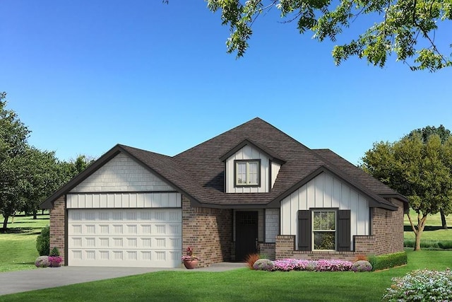 13005 NE 9th St, Choctaw, OK 73020 - view of front of property with concrete driveway, a front yard, brick siding, a garage, and a shingled roof