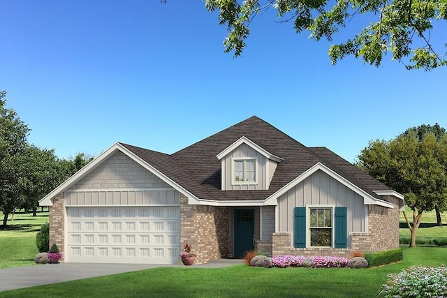 13005 NE 9th St, Choctaw, OK 73020 - view of front facade featuring driveway, board and batten siding, an attached garage, a front yard, and brick siding