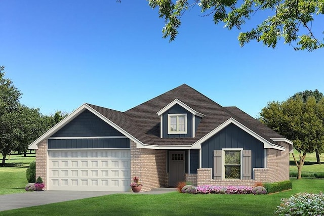 13005 NE 9th St, Choctaw, OK 73020 - view of front facade featuring a garage, board and batten siding, brick siding, a front lawn, and driveway