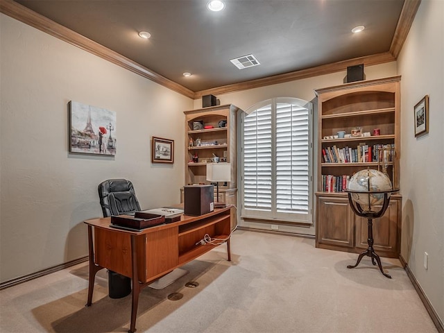 12304 N St Lukes Ln, Oklahoma City, OK 73142 - home office with ornamental molding, light colored carpet, recessed lighting, and baseboards