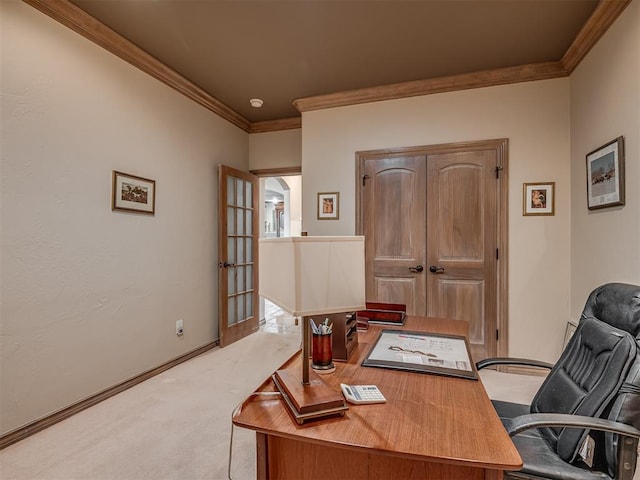 12304 N St Lukes Ln, Oklahoma City, OK 73142 - home office featuring light colored carpet, crown molding, and baseboards