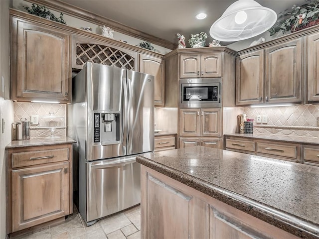 12304 N St Lukes Ln, Oklahoma City, OK 73142 - kitchen with stainless steel appliances, decorative backsplash, light stone finish floors, and dark stone counters