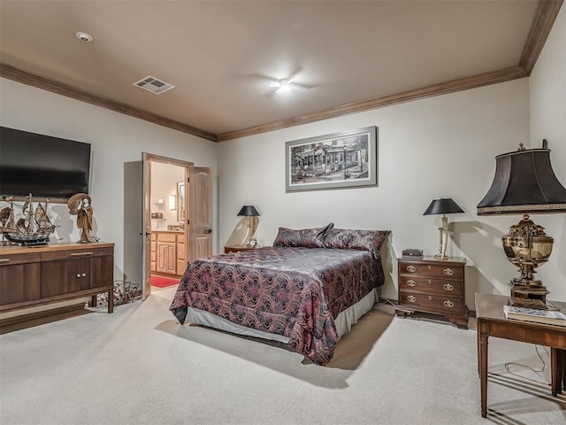 12304 N St Lukes Ln, Oklahoma City, OK 73142 - bedroom featuring crown molding, light colored carpet, and ensuite bathroom