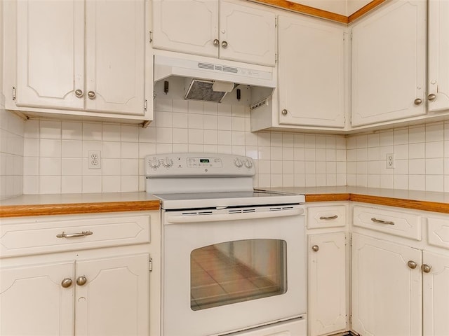 1703 Surrey Pl, Norman, OK 73071 - kitchen featuring white electric range oven, under cabinet range hood, decorative backsplash, white cabinetry, and light countertops
