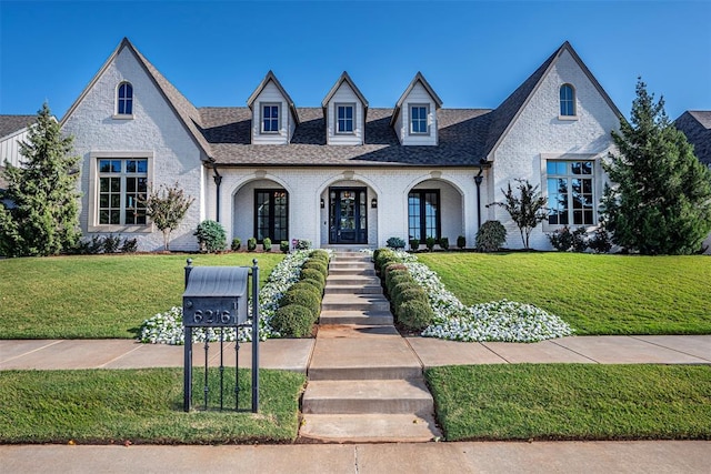 french country inspired facade featuring a front yard, a shingled roof, and brick siding