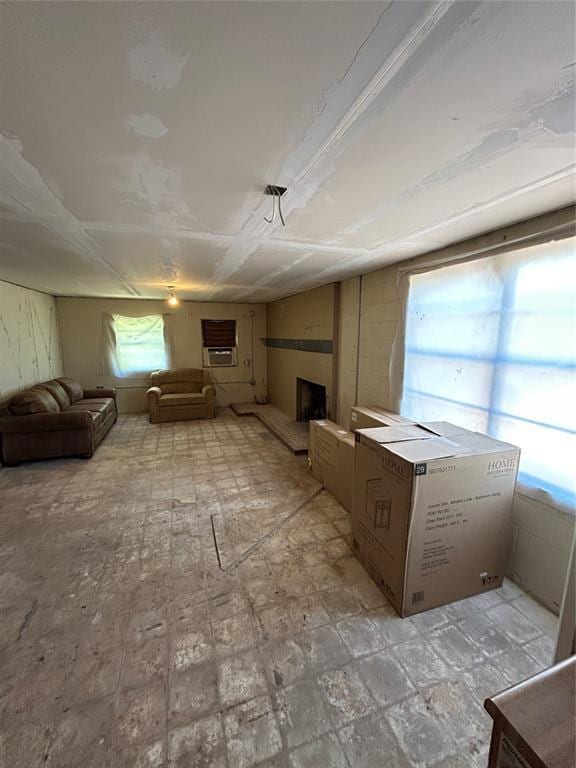 unfurnished living room with a fireplace