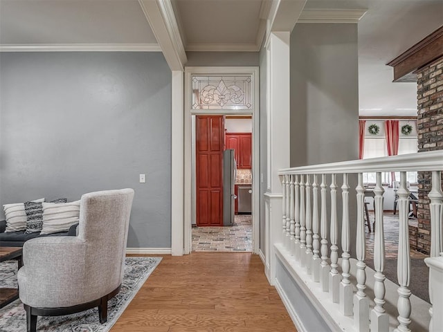 10711 Crystal Creek Dr, Mustang, OK 73064 - corridor with wood finished floors, crown molding, and baseboards