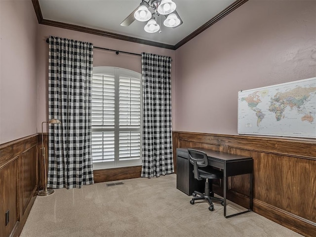 10711 Crystal Creek Dr, Mustang, OK 73064 - home office featuring carpet, a wainscoted wall, and ornamental molding