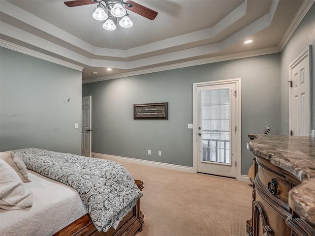 10711 Crystal Creek Dr, Mustang, OK 73064 - bedroom with recessed lighting, light colored carpet, access to outside, crown molding, and a raised ceiling