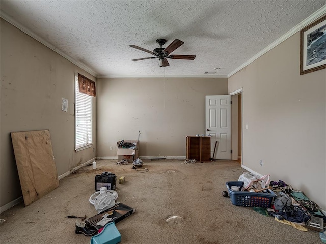 4124 E Horseshoe Ln, Moore, OK 73160 - carpeted empty room with crown molding, a textured ceiling, and ceiling fan