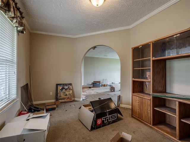 4124 E Horseshoe Ln, Moore, OK 73160 - living area featuring carpet floors, arched walkways, a textured ceiling, and crown molding