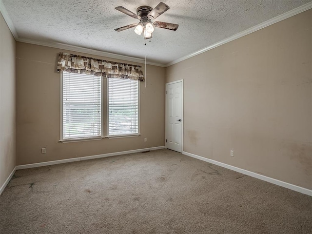 4124 E Horseshoe Ln, Moore, OK 73160 - carpeted spare room with crown molding, a ceiling fan, a textured ceiling, and baseboards