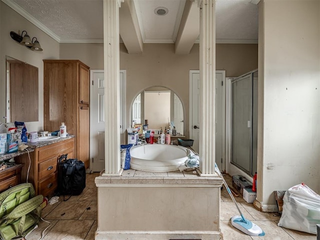 4124 E Horseshoe Ln, Moore, OK 73160 - bathroom with a garden tub, crown molding, tile patterned flooring, a shower stall, and vanity