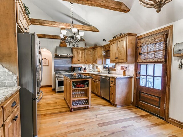 20498 SE 15th St, Harrah, OK 73045 - kitchen featuring open shelves, a sink, lofted ceiling with beams, stainless steel appliances, and wall chimney exhaust hood