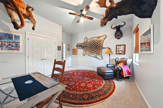 living area with a ceiling fan, baseboards, and carpet flooring