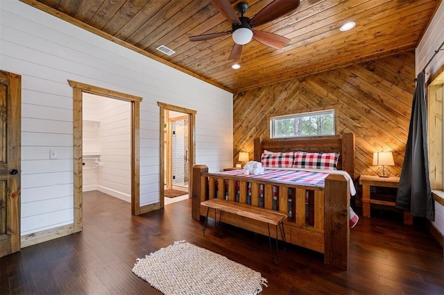 bedroom with a ceiling fan, visible vents, wood walls, wooden ceiling, and wood-type flooring