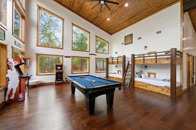 recreation room featuring billiards, ceiling fan, wood walls, wooden ceiling, and high vaulted ceiling