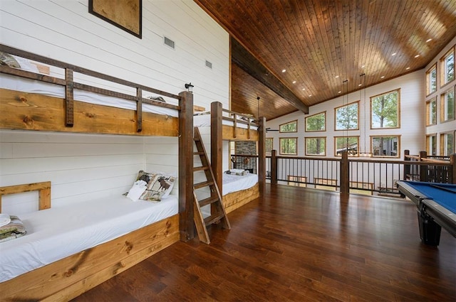 unfurnished bedroom featuring high vaulted ceiling, recessed lighting, pool table, hardwood / wood-style flooring, and wooden ceiling