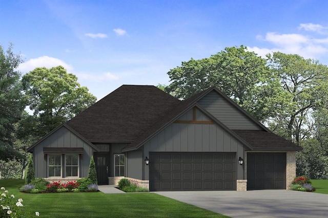 3404 Slate River Dr, Yukon, OK 73099 - view of front of house featuring a garage, roof with shingles, driveway, a front lawn, and board and batten siding