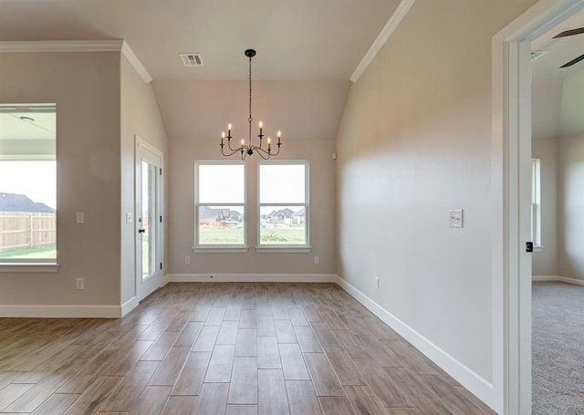 3404 Slate River Dr, Yukon, OK 73099 - unfurnished dining area with a chandelier, baseboards, plenty of natural light, wood tiled floors, and crown molding